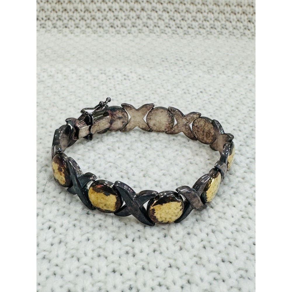 925 Sterling Silver Two Tone XO Hugs Kisses Link Bracelet Size 6.75